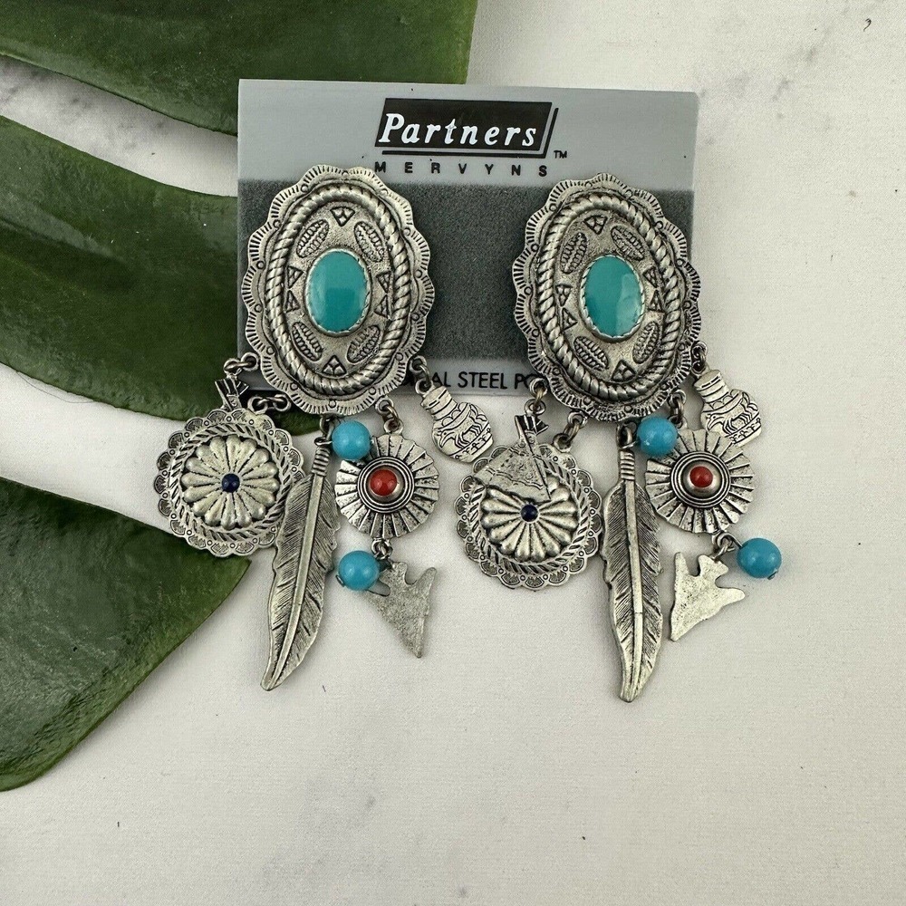 Partners Vintage Dangle Earrings NOS Tin Silver Tone Southwest Pottery Medallion